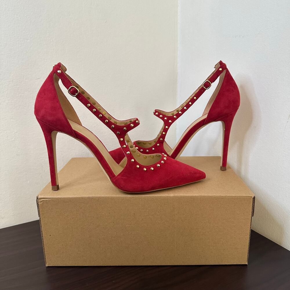 Michael Kors Ava Red Suede T-strap Studded Pointed-Toe Pumps, Size 9, New
